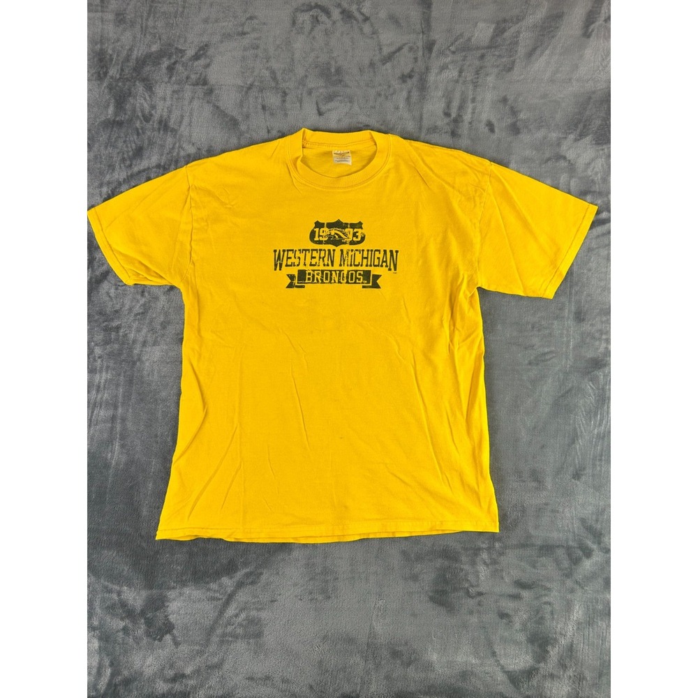 VTG Western Michigan Broncos T-Shirt L Gold NCAA College Grunge Graphic Tee‎